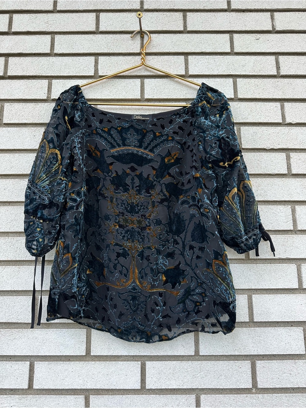 Dalia S Teal Burnout Velvet Paisley Blouse Sheer Boho Tie Sleeve Tunic Top